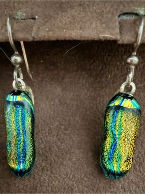 Handmade Dichroic Glass Drop Earrings in Iridescent Blue-Green